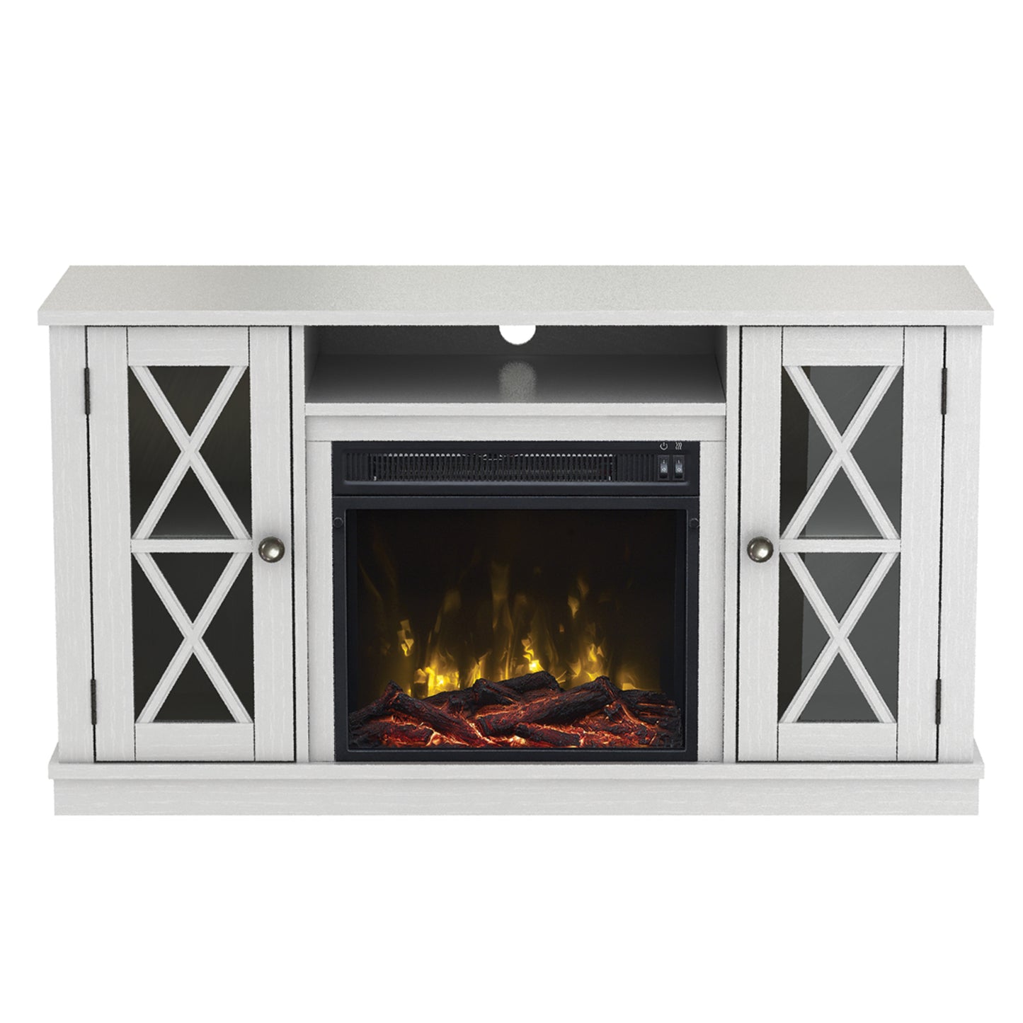 TV Stand for TVs up to 55" with Electric Fireplace and Glass Doors with X Mullions