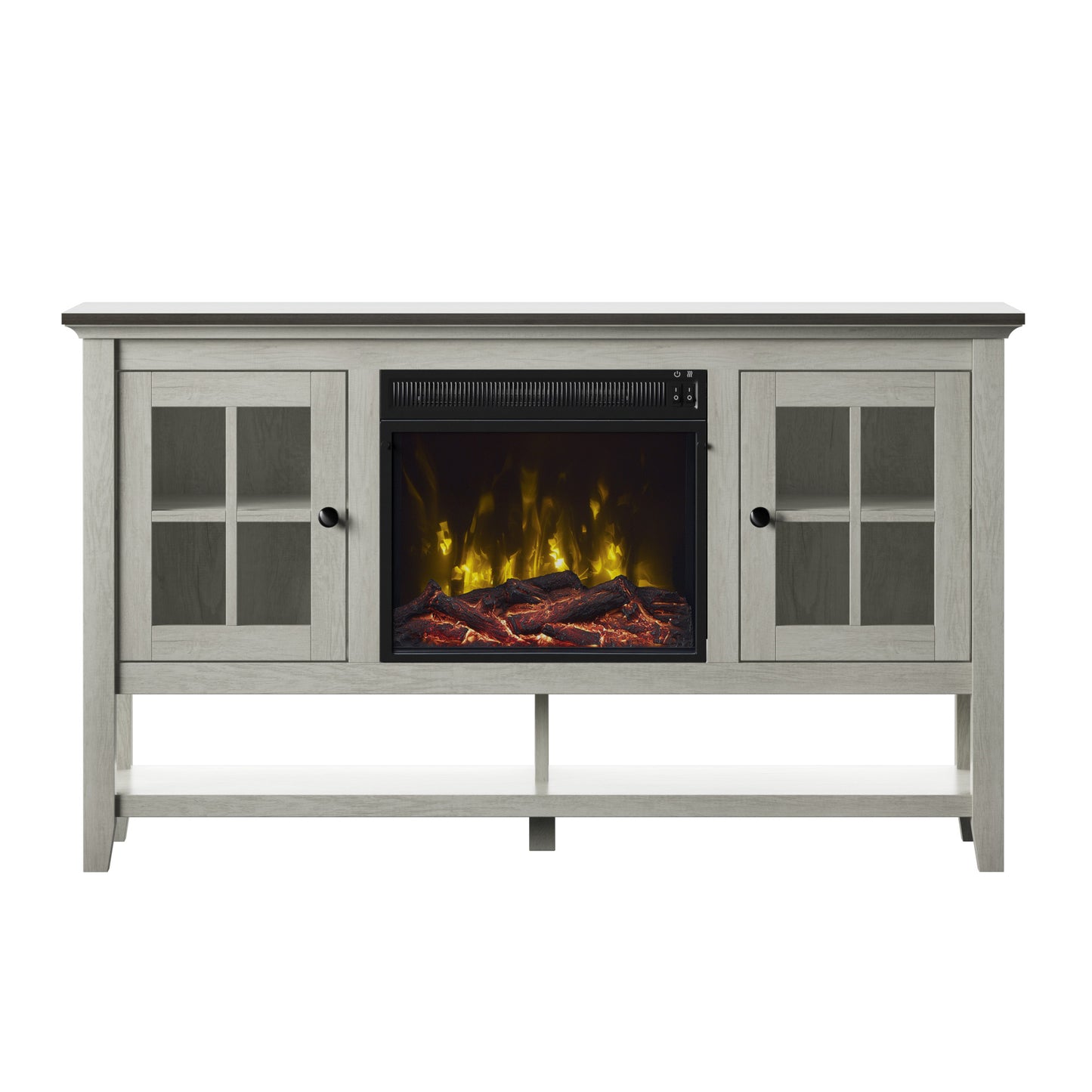 TV Stand for TVs up to 60" with Electric Fireplace and Window Pane Glass Doors