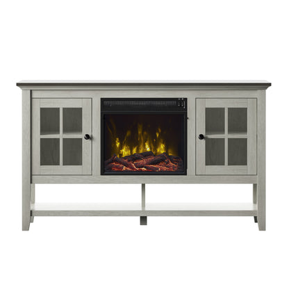 TV Stand for TVs up to 60" with Electric Fireplace and Window Pane Glass Doors