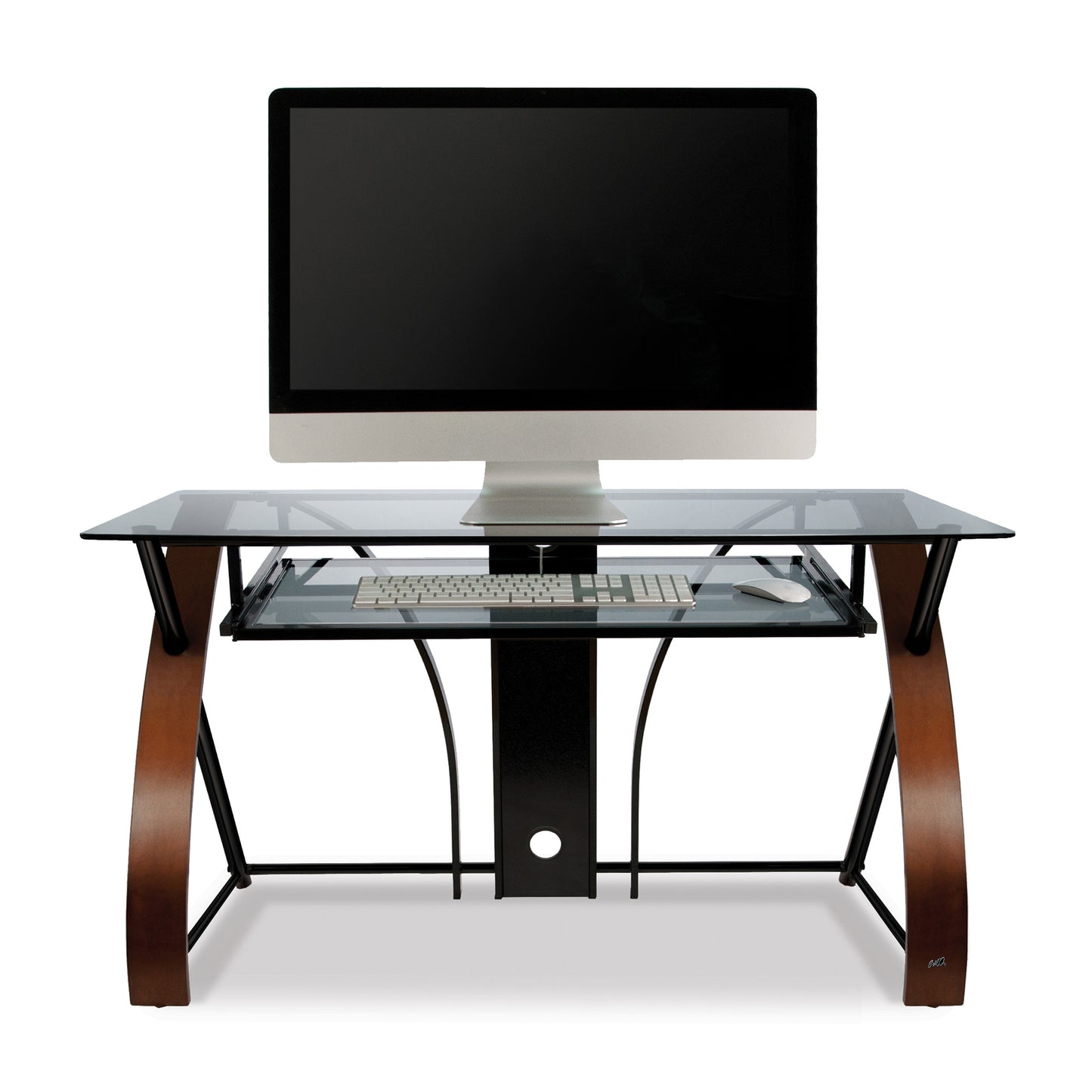 Home Office Computer Desk, Tinted Tempered Glass Top and Keyboard Tray with Curved Wood Sides, Espresso