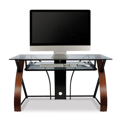 Home Office Computer Desk, Tinted Tempered Glass Top and Keyboard Tray with Curved Wood Sides, Espresso