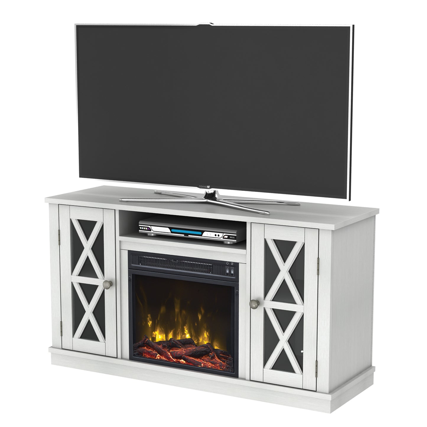 TV Stand for TVs up to 55" with Electric Fireplace and Glass Doors with X Mullions