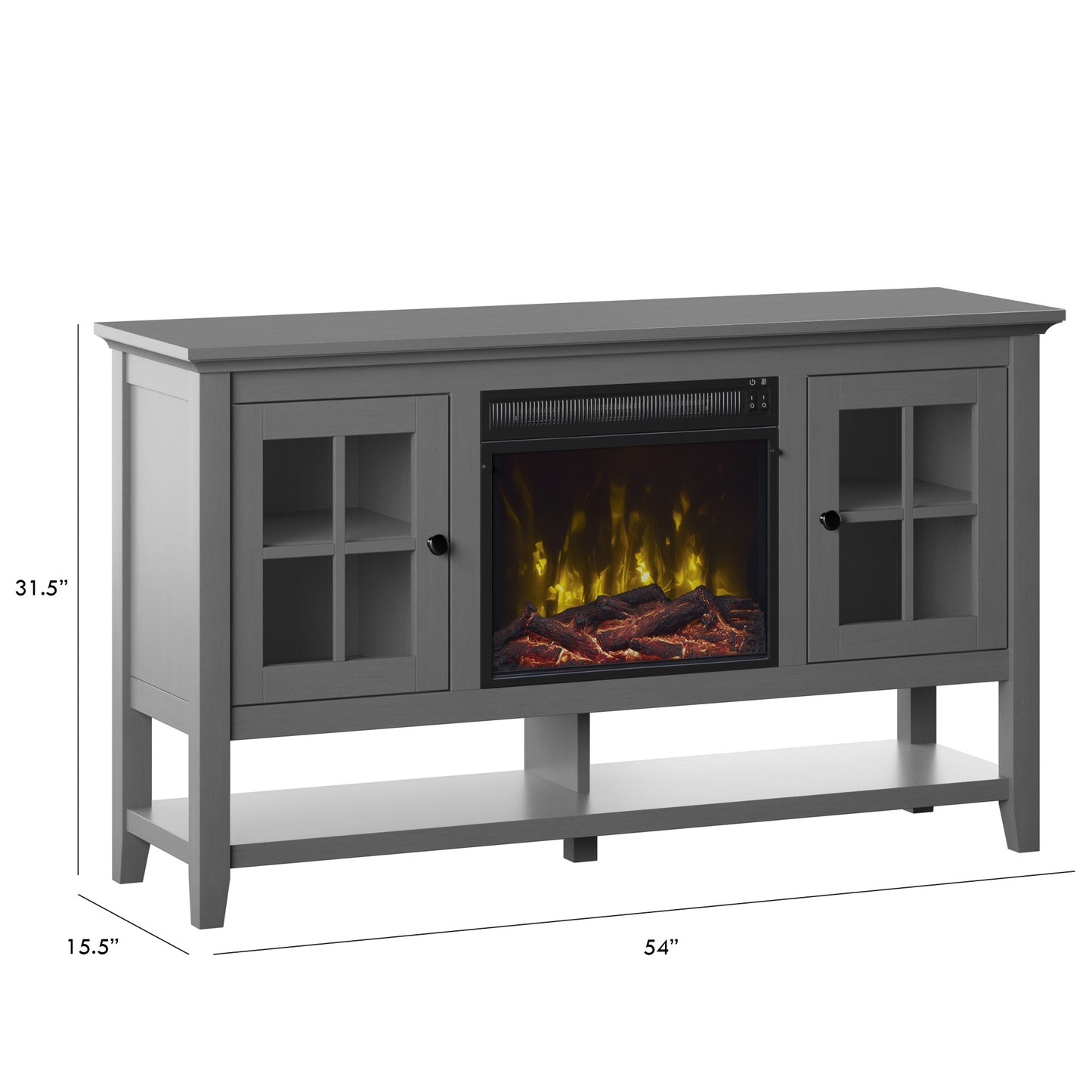 TV Stand for TVs up to 60" with Electric Fireplace and Window Pane Glass Doors