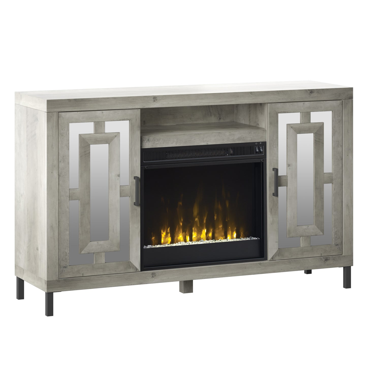 TV Stand for TVs up to 60" with Electric Fireplace and Mirrored Cabinet Doors