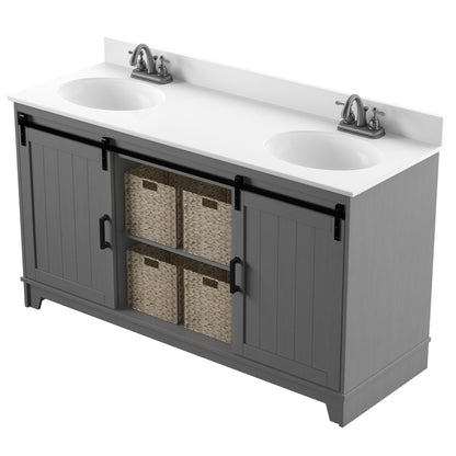60" Sliding Barn Door Double Sink Bathroom Vanity with 4 Woven Baskets