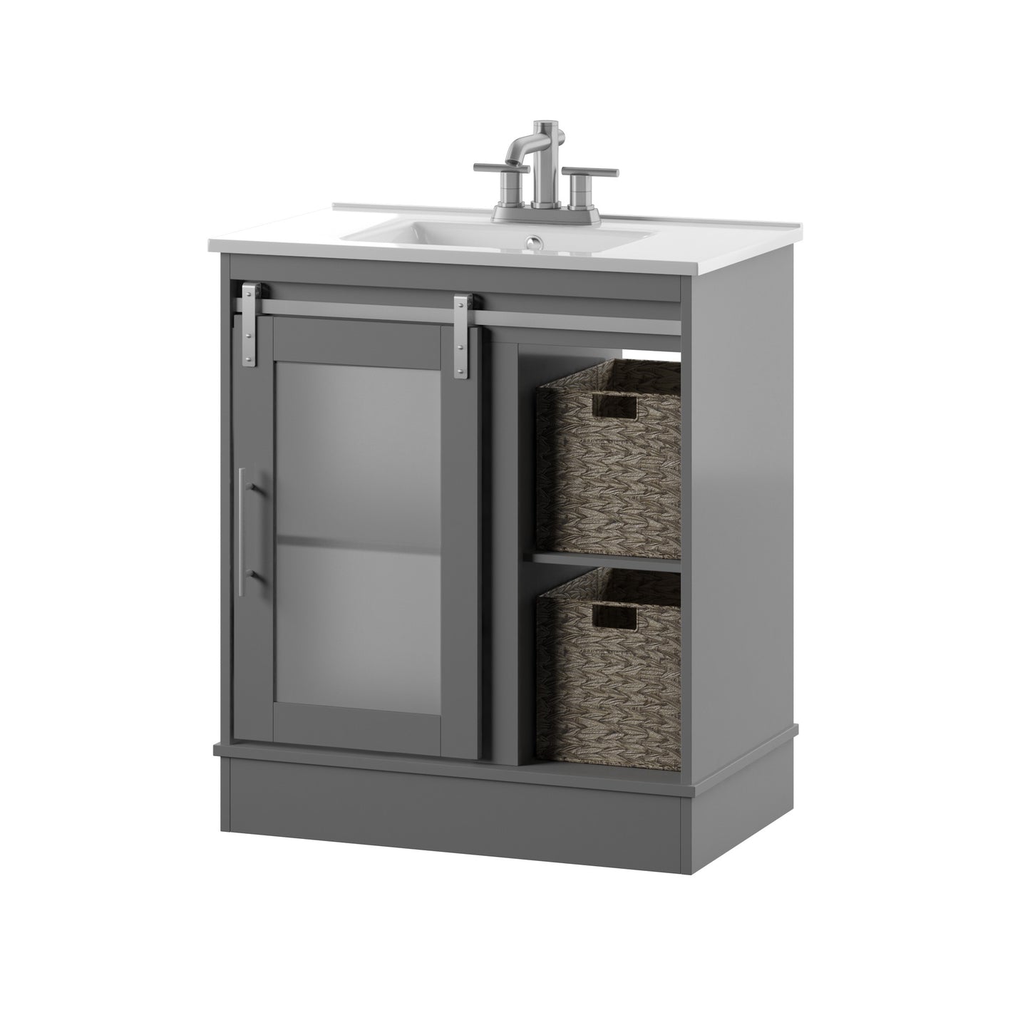 30" Contemporary Sliding Barn Door Single Bathroom Vanity with Woven Baskets