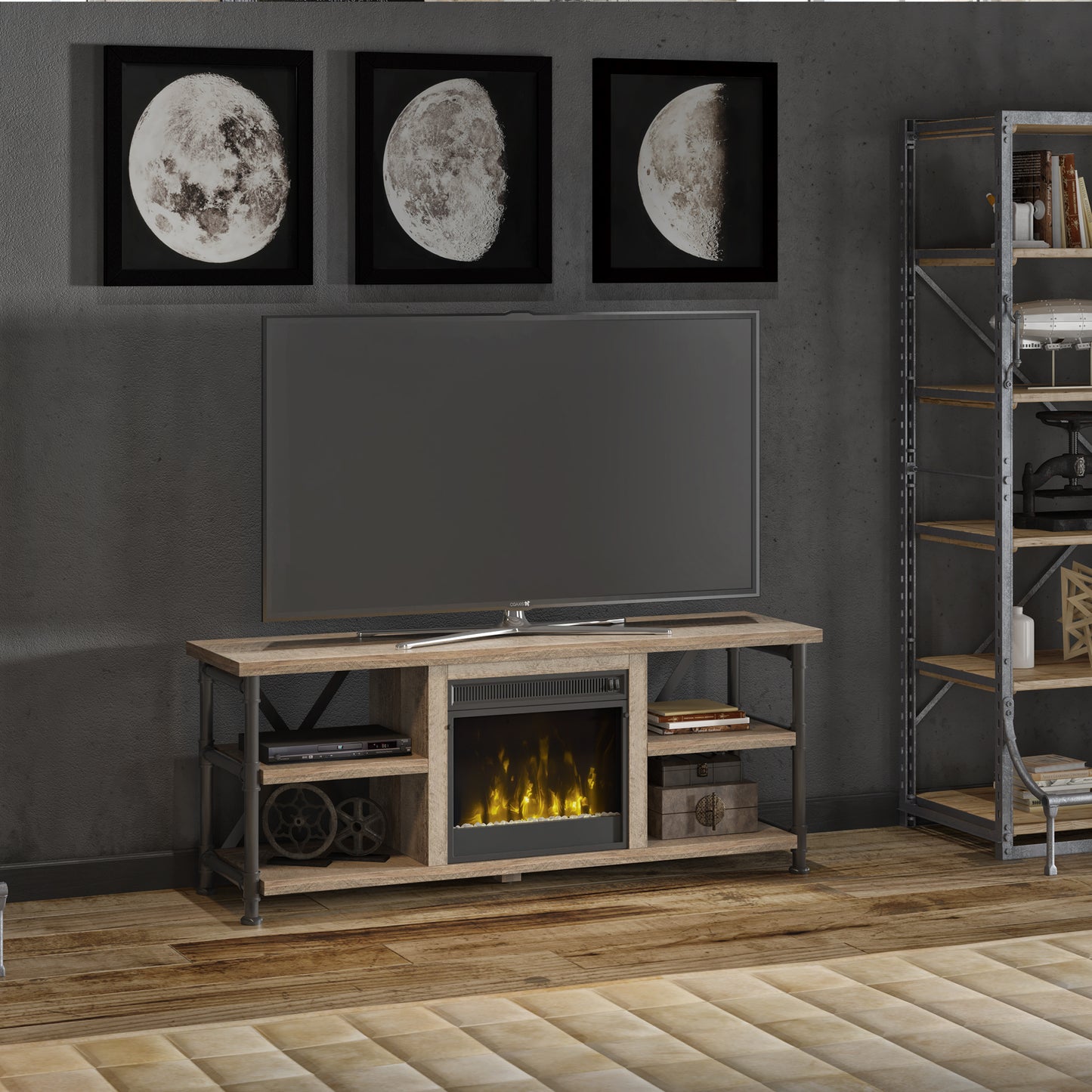 Irondale TV Stand for TVs up to 65" with Electric Fireplace, Autumn Driftwood