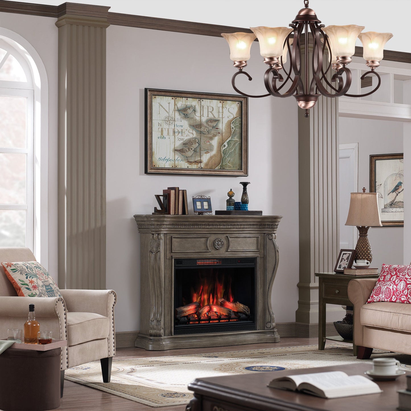 Living room with a fireplace, sofa, and decorative items.