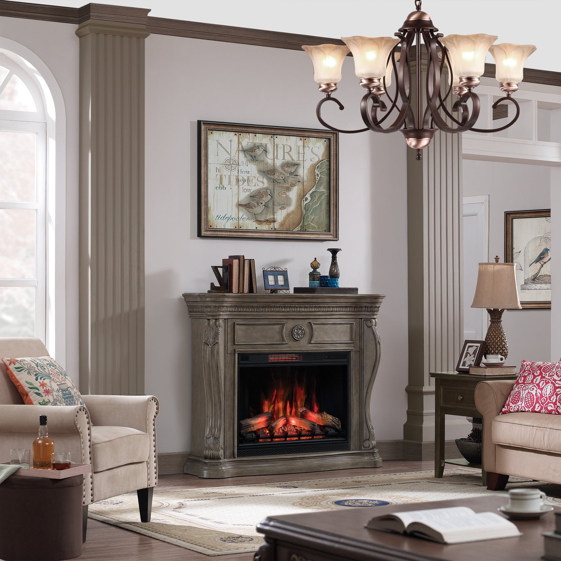 Living room with a fireplace, sofa, and decorative items.