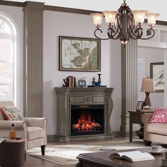 Living room with a fireplace, sofa, and decorative items.