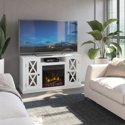 TV Stand for TVs up to 55" with Electric Fireplace and Glass Doors with X Mullions