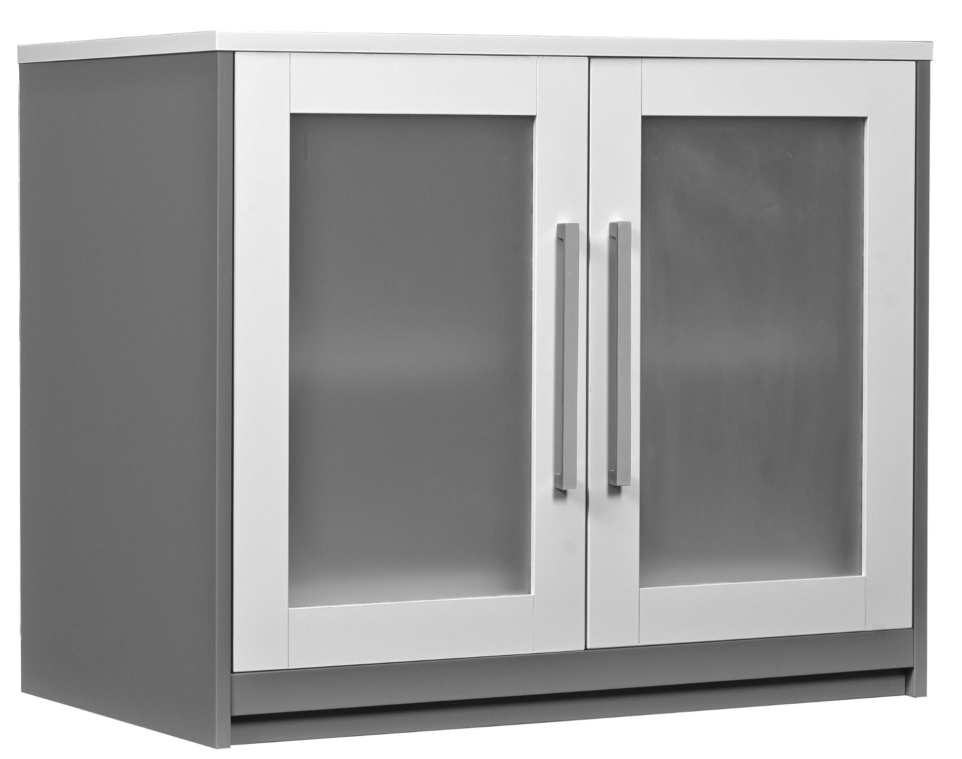 Gray kitchen cabinet with glass doors and silver handles on a white background