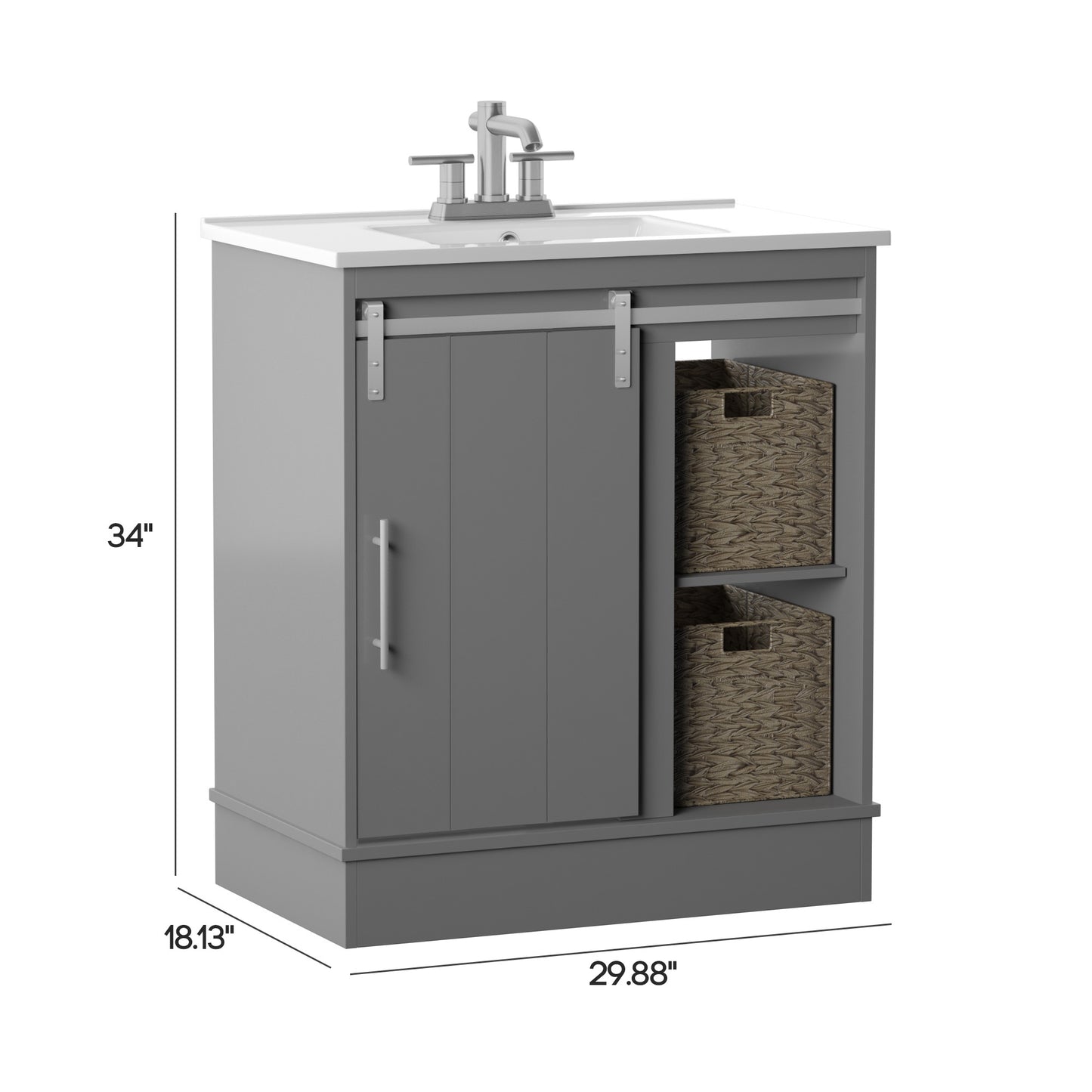 Dalton 30" Sliding Barn Door Single Bathroom Vanity with Woven Baskets