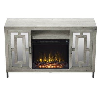 TV Stand for TVs up to 60" with Electric Fireplace and Mirrored Cabinet Doors