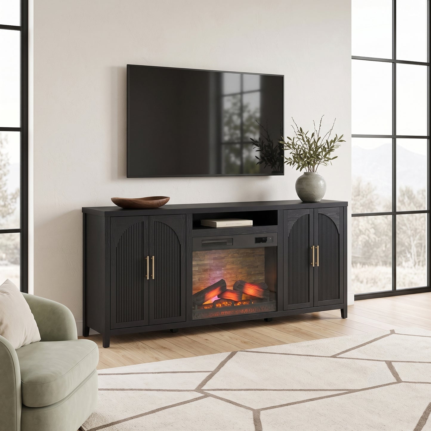 Sasha 80" Modern Reeded TV Stand with duraflame® Smart Electric Fireplace