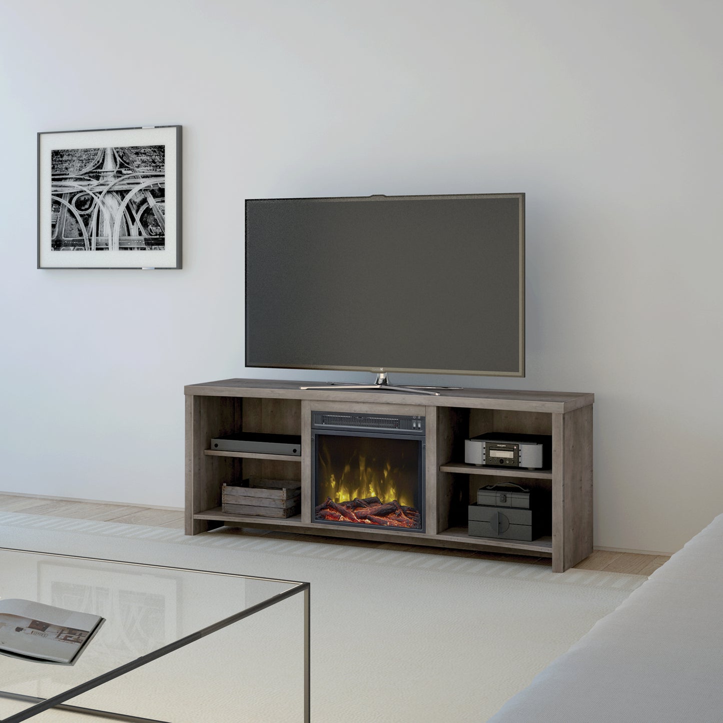 Shelter Cove TV Stand for TVs up to 65" with Electric Fireplace, Valley Pine