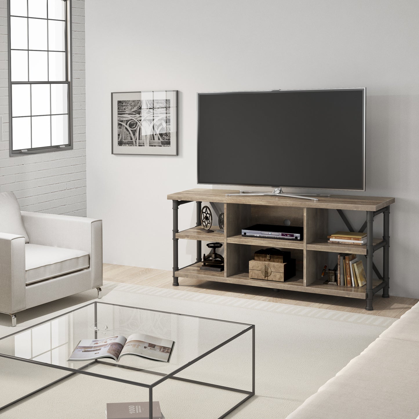 Irondale Open Architecture TV Stand for TVs up to 60 inches, Autumn Driftwood