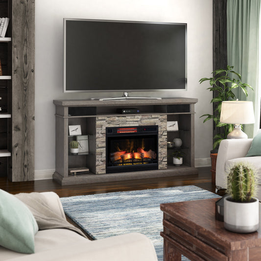 Living room with a TV above an electric fireplace, surrounded by furniture and decor.