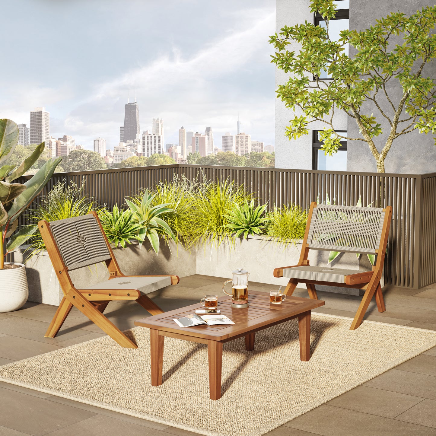 TK Classics 3 Piece Acacia Conversation Set with Folding Seating