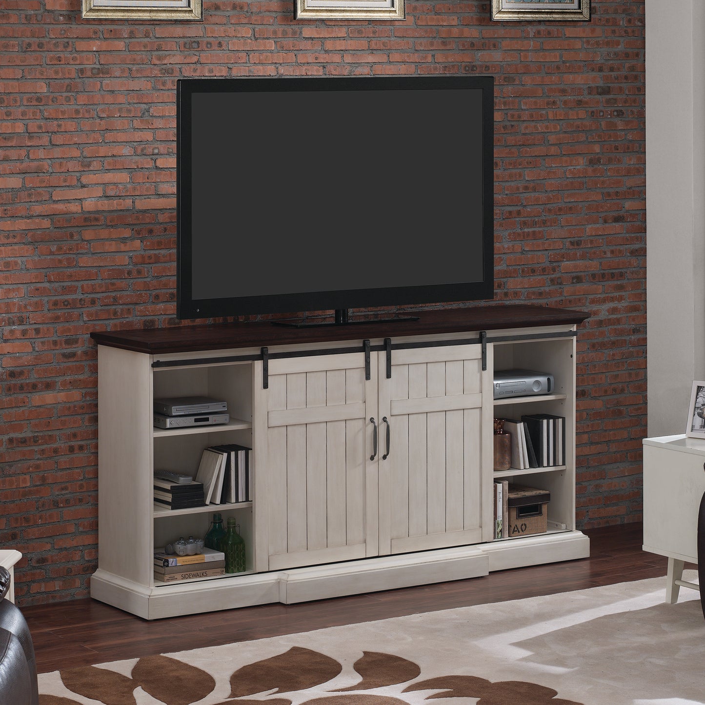 Cabaret TV Stand for TVs up to 80” with 32” 3D Infrared Quartz Electric Fireplace, Weathered White