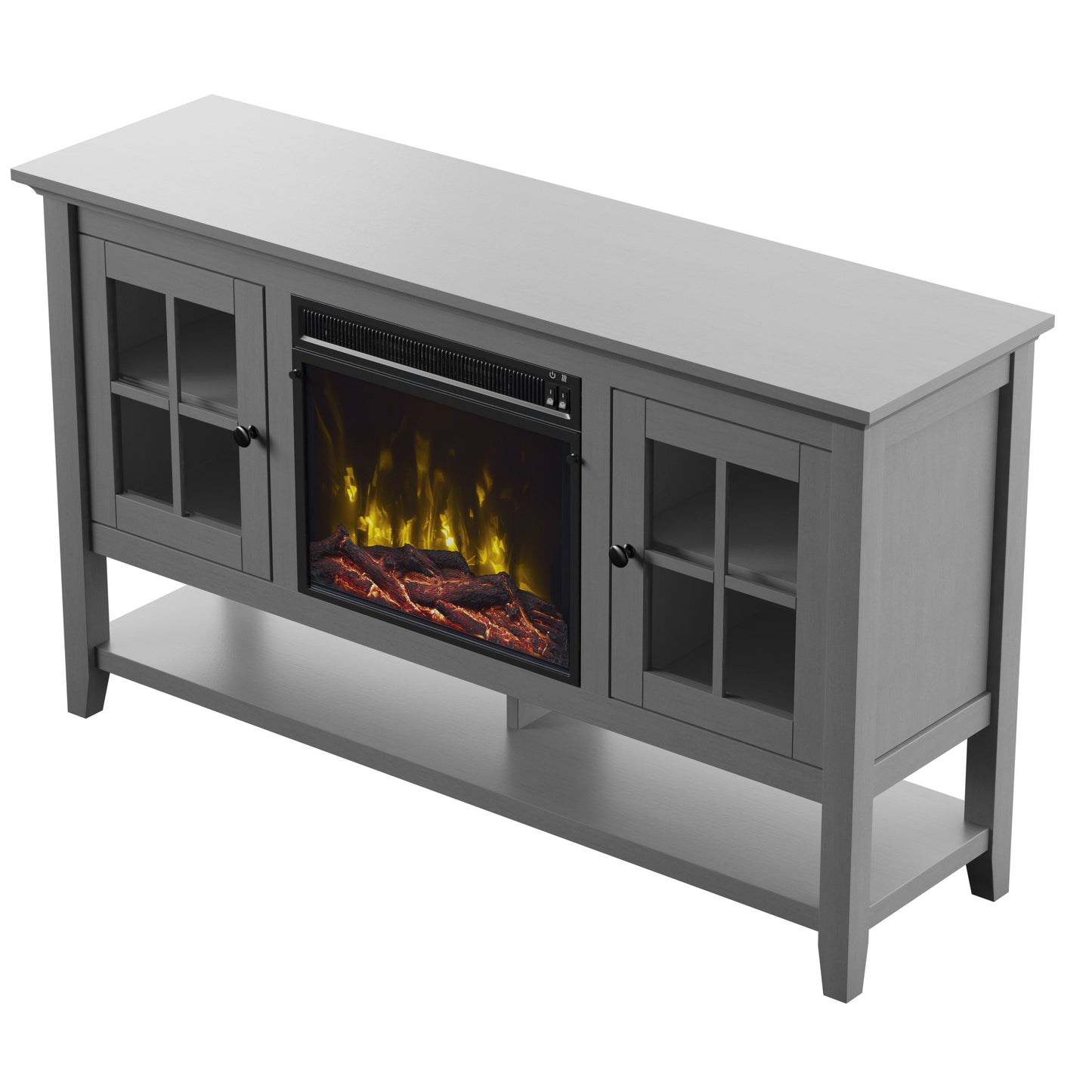 TV Stand for TVs up to 60" with Electric Fireplace and Window Pane Glass Doors