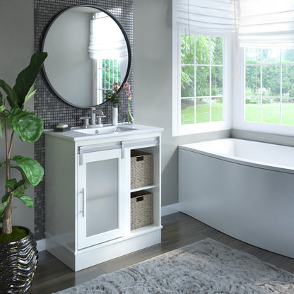 30" Contemporary Sliding Barn Door Single Bathroom Vanity with Woven Baskets