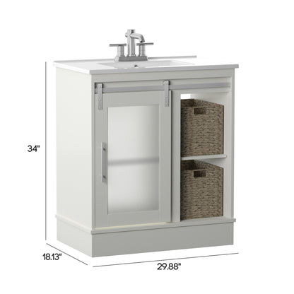 30" Contemporary Sliding Barn Door Single Bathroom Vanity with Woven Baskets