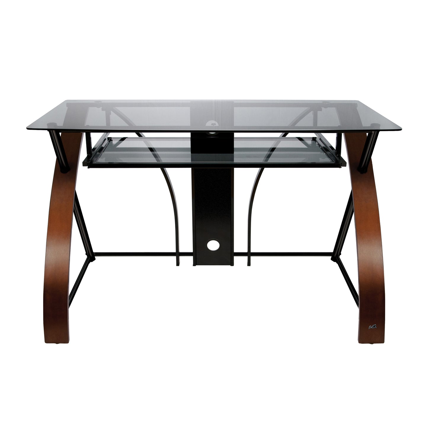 Home Office Computer Desk, Tinted Tempered Glass Top and Keyboard Tray with Curved Wood Sides, Espresso