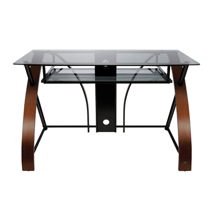 Home Office Computer Desk, Tinted Tempered Glass Top and Keyboard Tray with Curved Wood Sides, Espresso