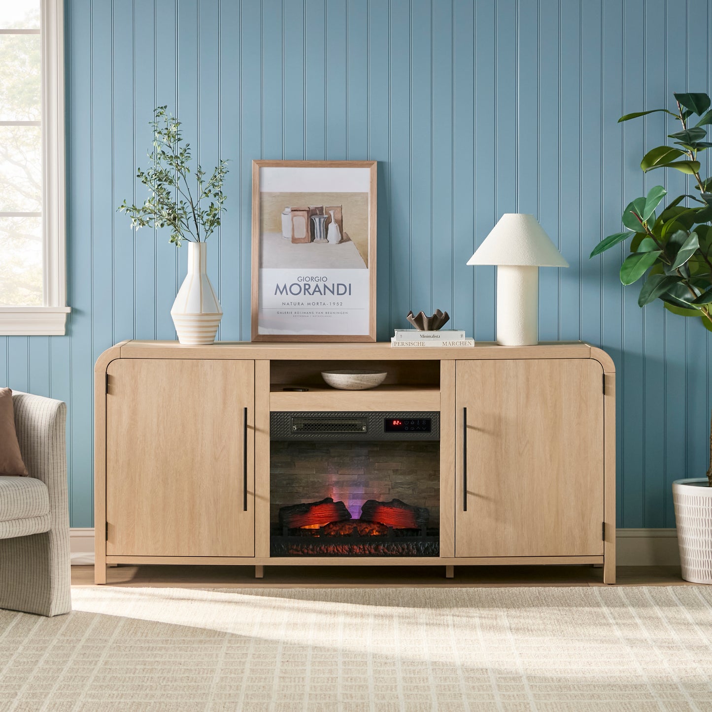 Chantelle 70” Modern Curved TV Stand with duraflame® Smart Electric Fireplace, Alexa Voice & App Control