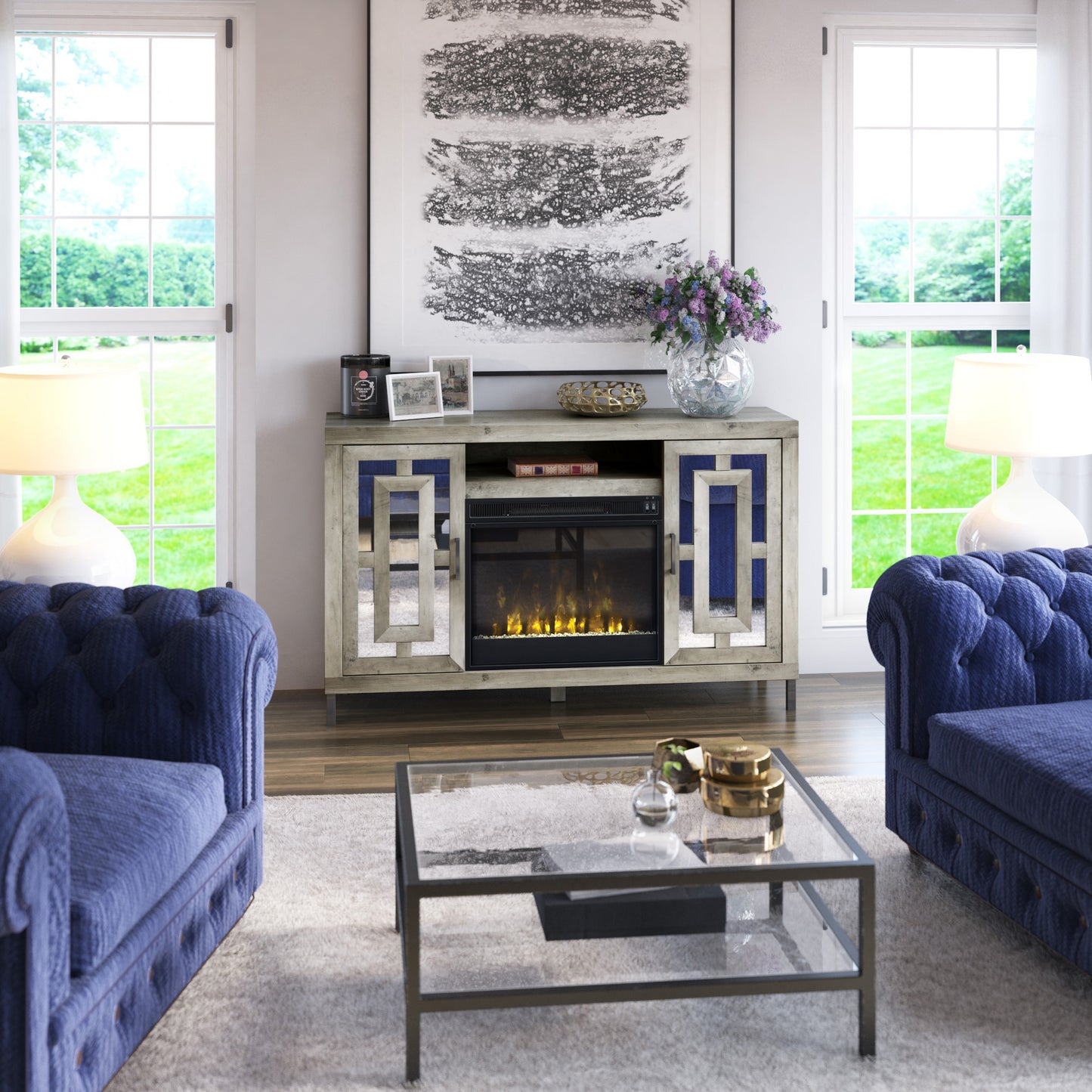 TV Stand for TVs up to 60" with Electric Fireplace and Mirrored Cabinet Doors