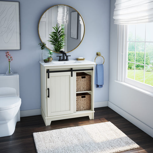 30" Sliding Barn Door Single Bathroom Vanity with Woven Baskets