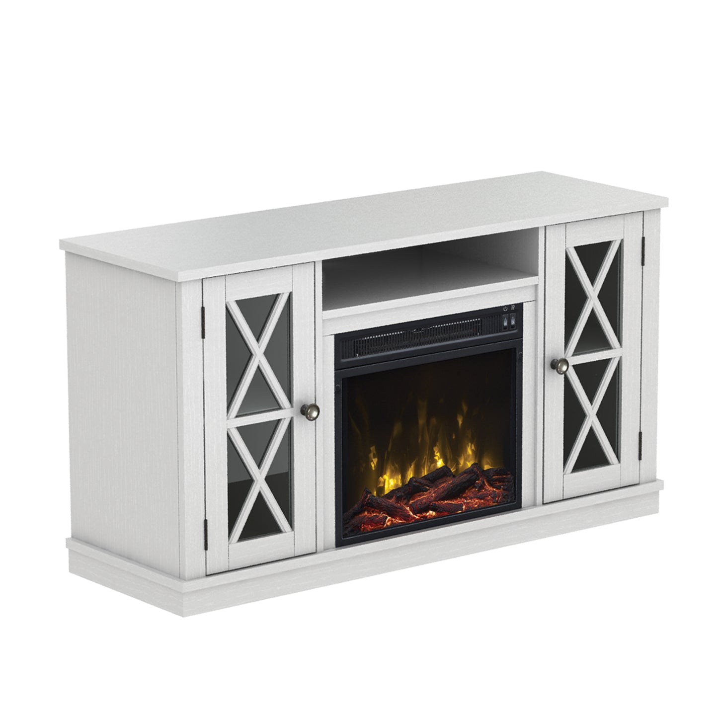 TV Stand for TVs up to 55" with Electric Fireplace and Glass Doors with X Mullions