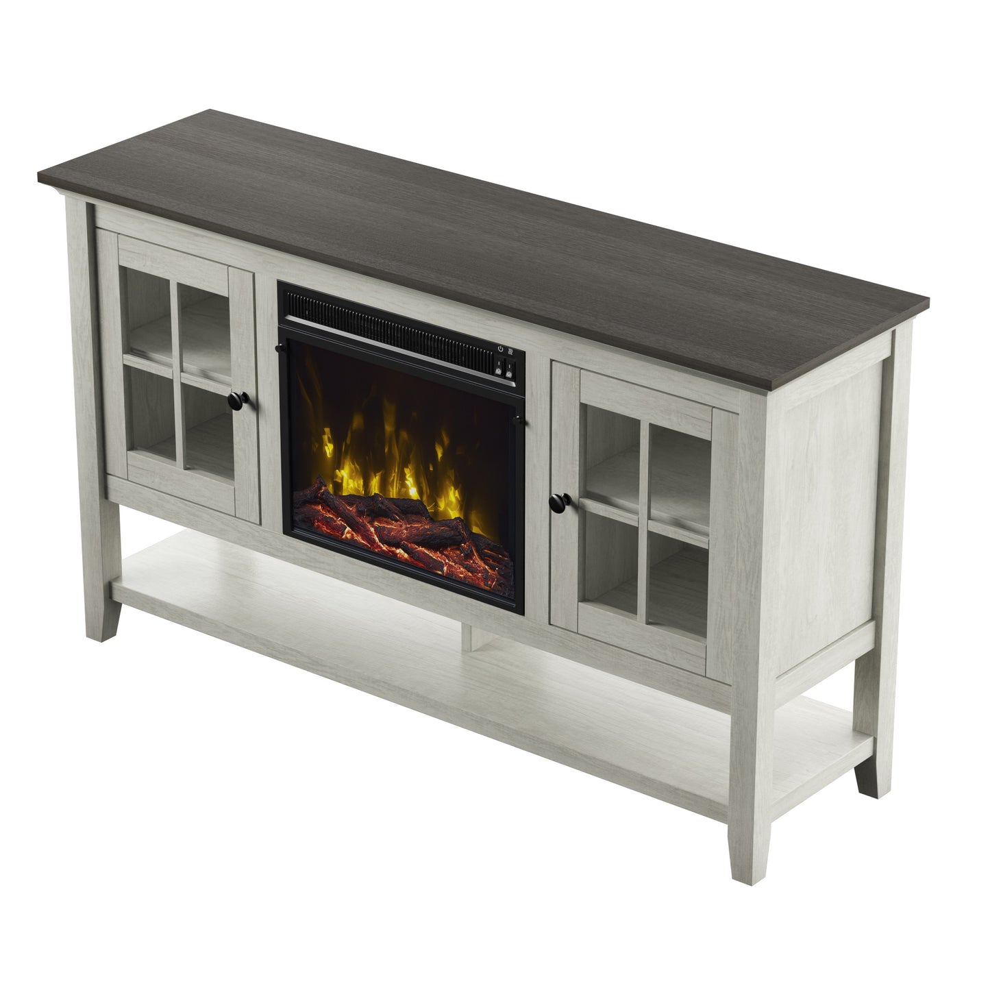 TV Stand for TVs up to 60" with Electric Fireplace and Window Pane Glass Doors