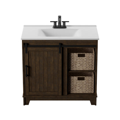 36" Sliding Barn Door Single Bathroom Vanity with Woven Baskets