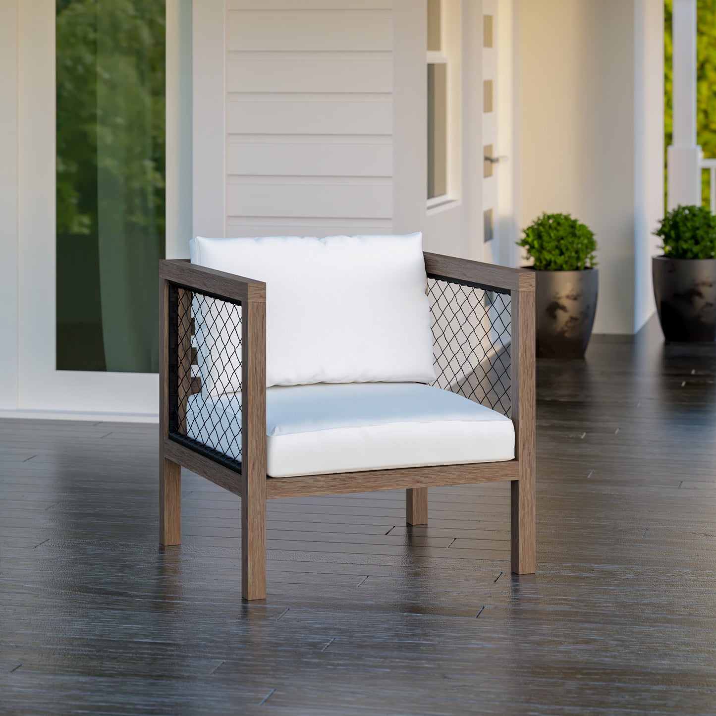 TK Classics Outdoor Acacia Club Chair with Black Wicker and Cushions