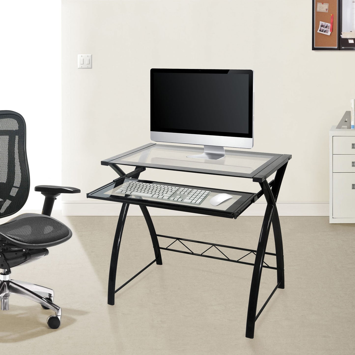 Bell'O Clear Modern Glass Computer Desk with Keyboard Tray - Black/Clear, CD8855 - for Laptops, Desktop PC & Monitor