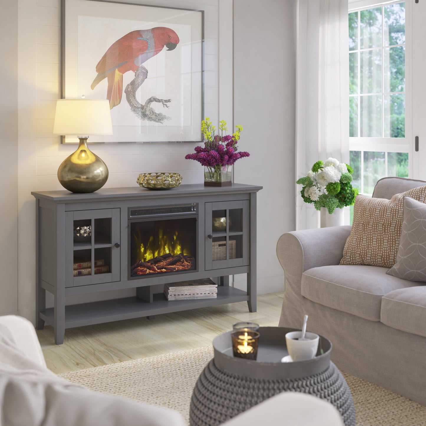 TV Stand for TVs up to 60" with Electric Fireplace and Window Pane Glass Doors