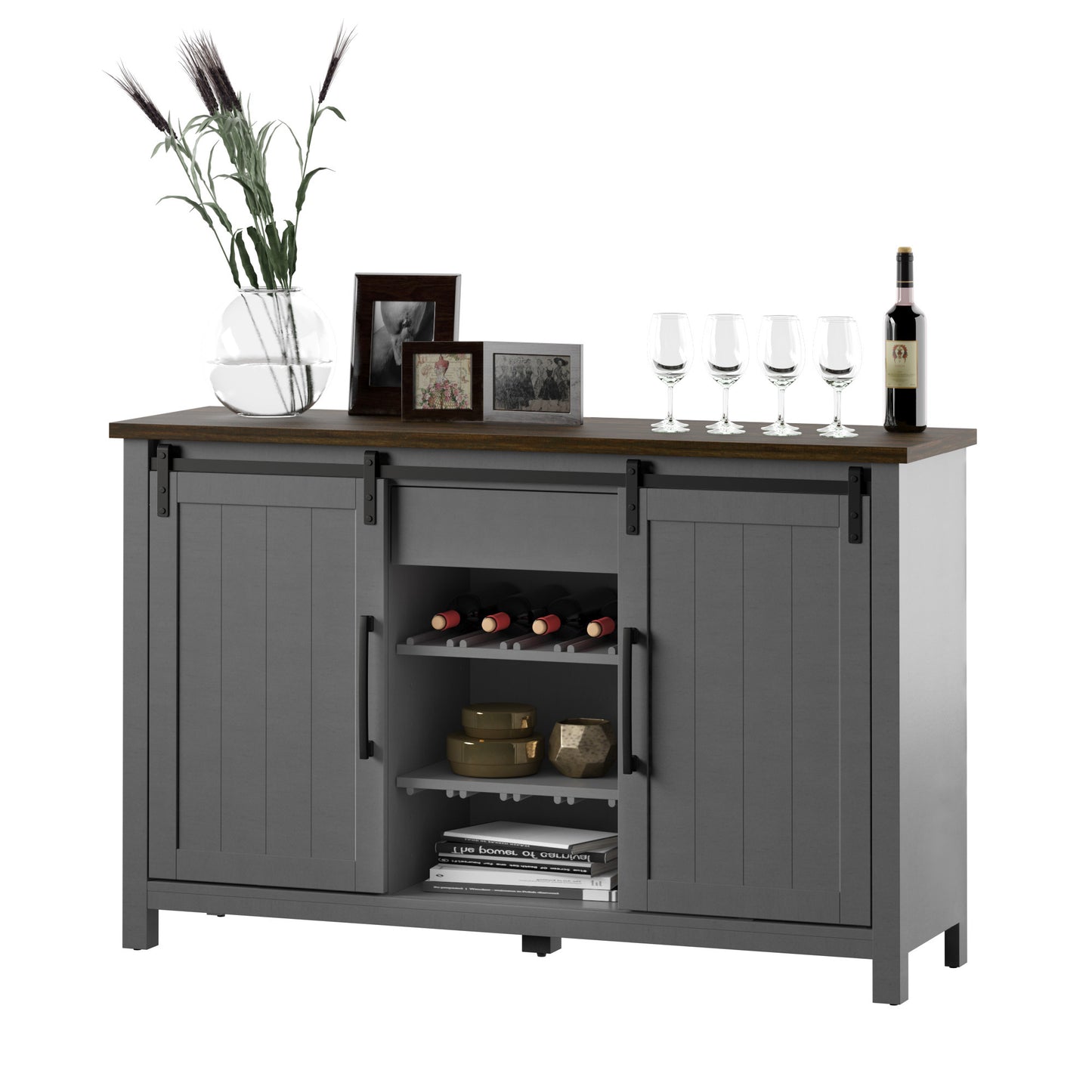 Modern Farmhouse Sideboard with Wine Storage and Sliding Barn Doors