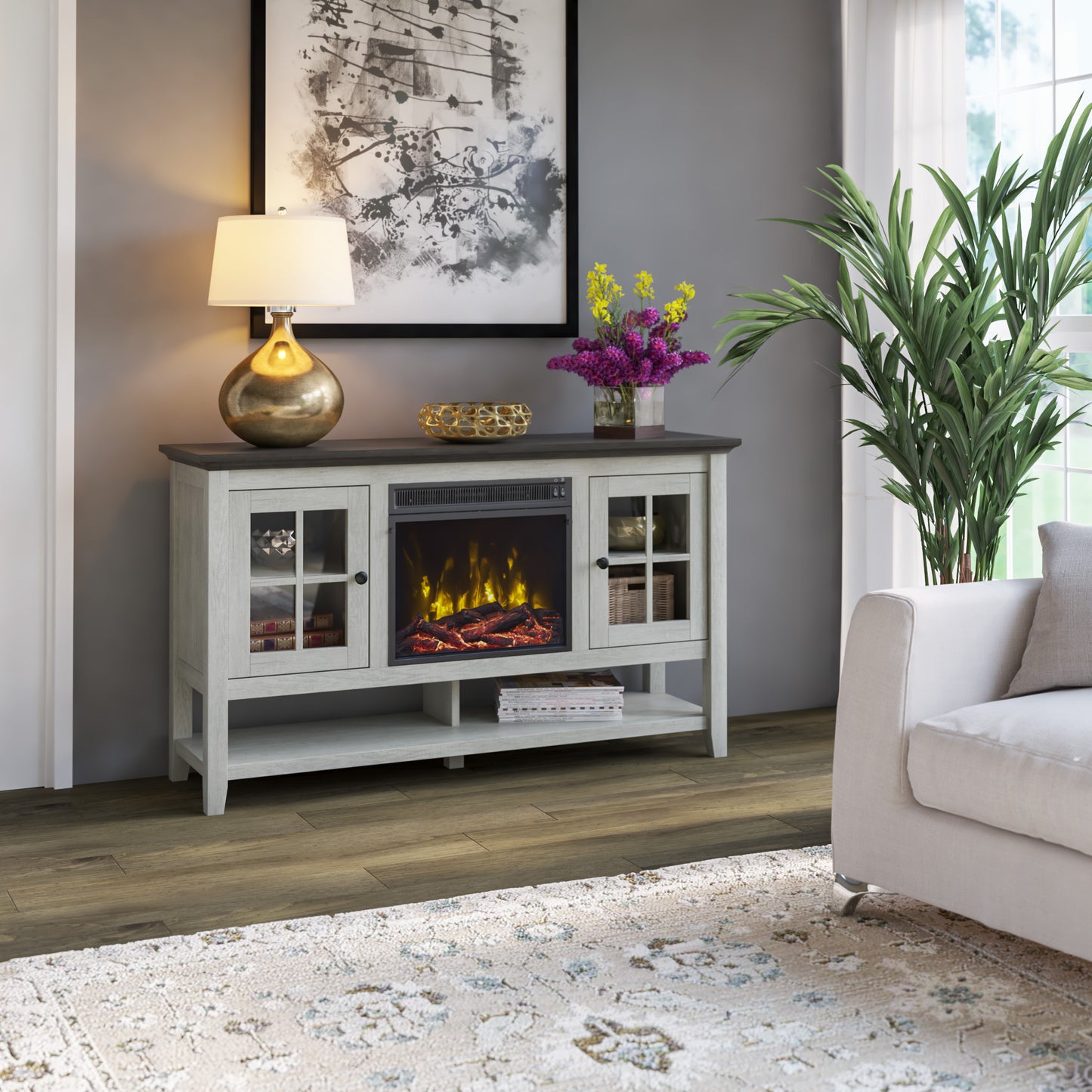 TV Stand for TVs up to 60" with Electric Fireplace and Window Pane Glass Doors