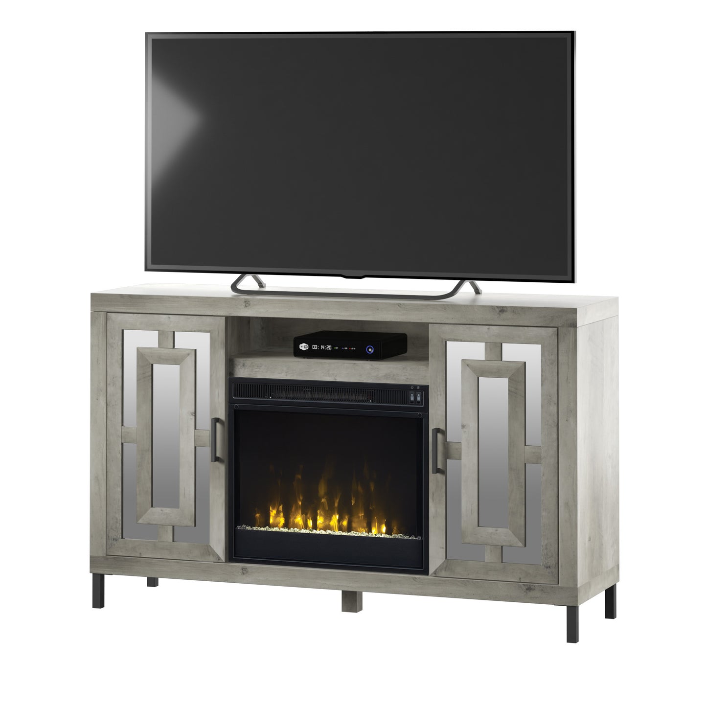 TV Stand for TVs up to 60" with Electric Fireplace and Mirrored Cabinet Doors