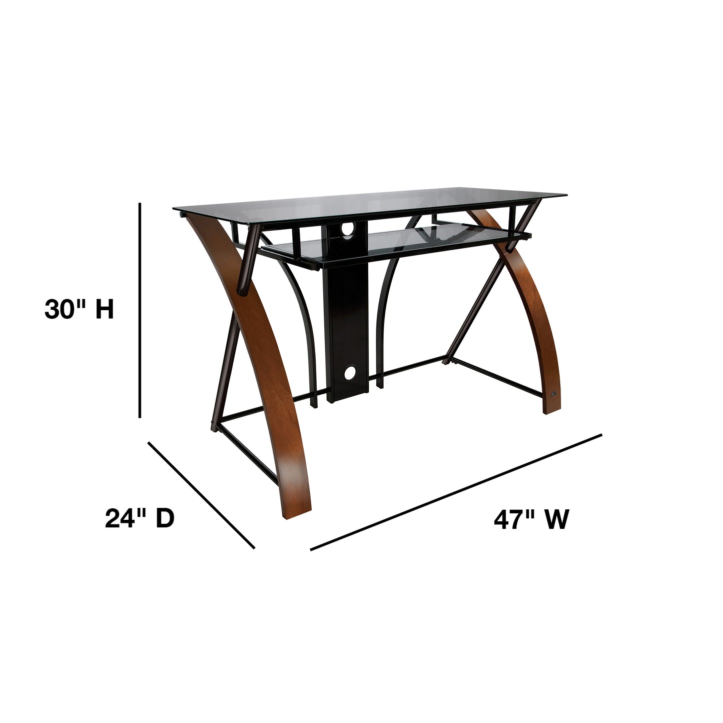 Home Office Computer Desk, Tinted Tempered Glass Top and Keyboard Tray with Curved Wood Sides, Espresso