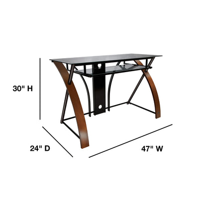 Home Office Computer Desk, Tinted Tempered Glass Top and Keyboard Tray with Curved Wood Sides, Espresso