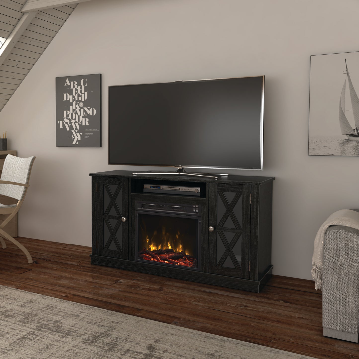 TV Stand for TVs up to 55" with Electric Fireplace and Glass Doors with X Mullions