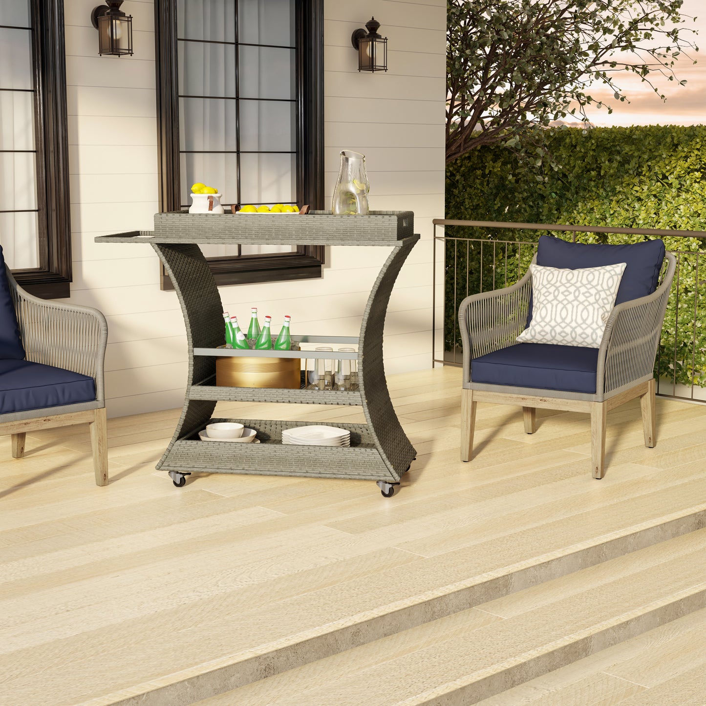 TK Classics Outdoor Wicker Bar Cart with Serving Tray