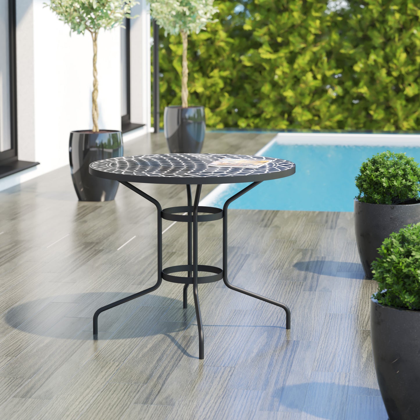 TK Classics Round Outdoor Dining Table with Black Mosaic Tabletop, 35"W