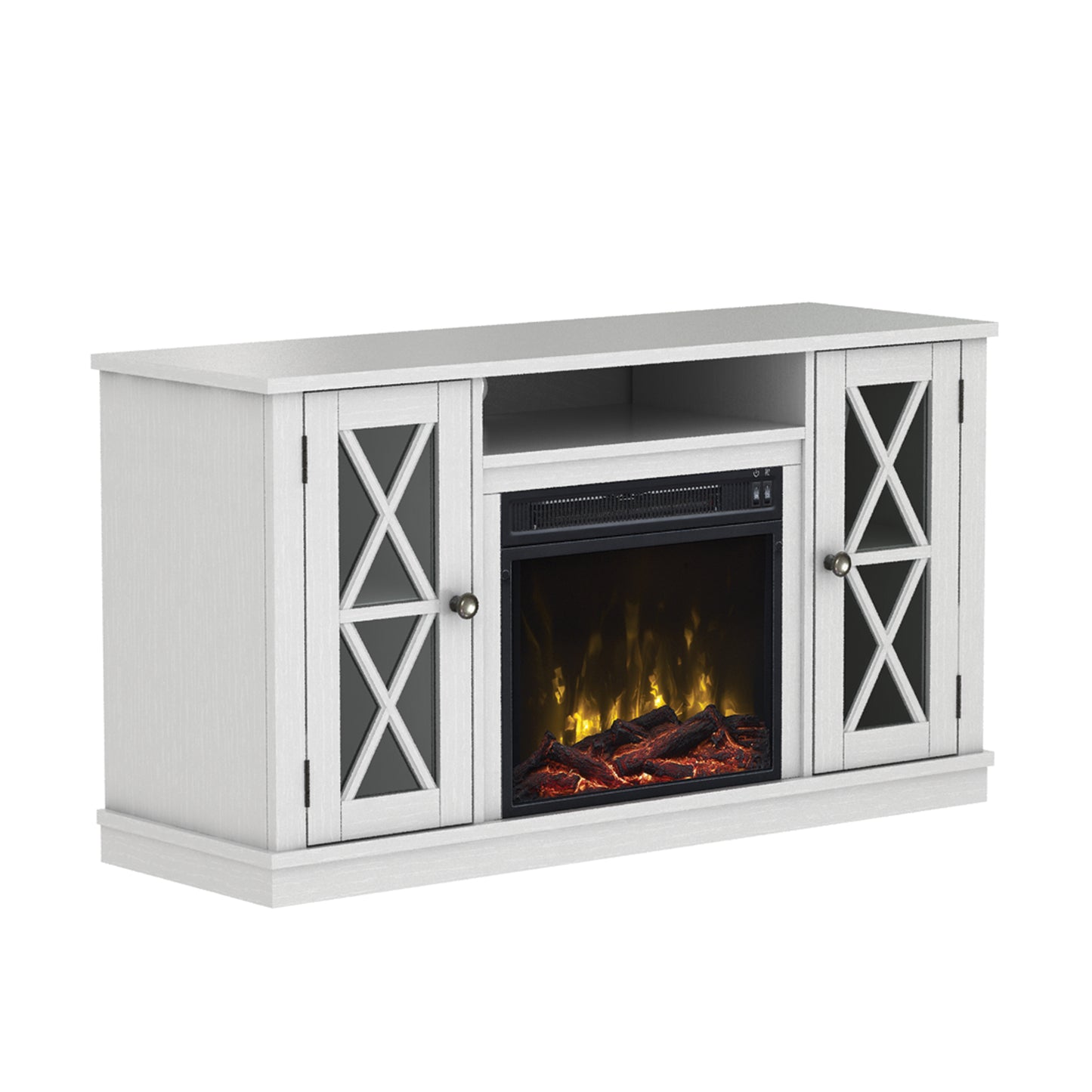 TV Stand for TVs up to 55" with Electric Fireplace and Glass Doors with X Mullions