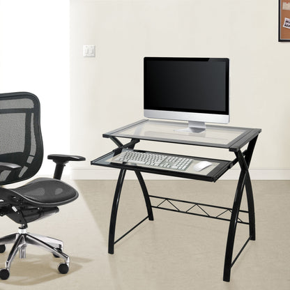 Modern office setup with a glass desk, chair, and computer monitor.
