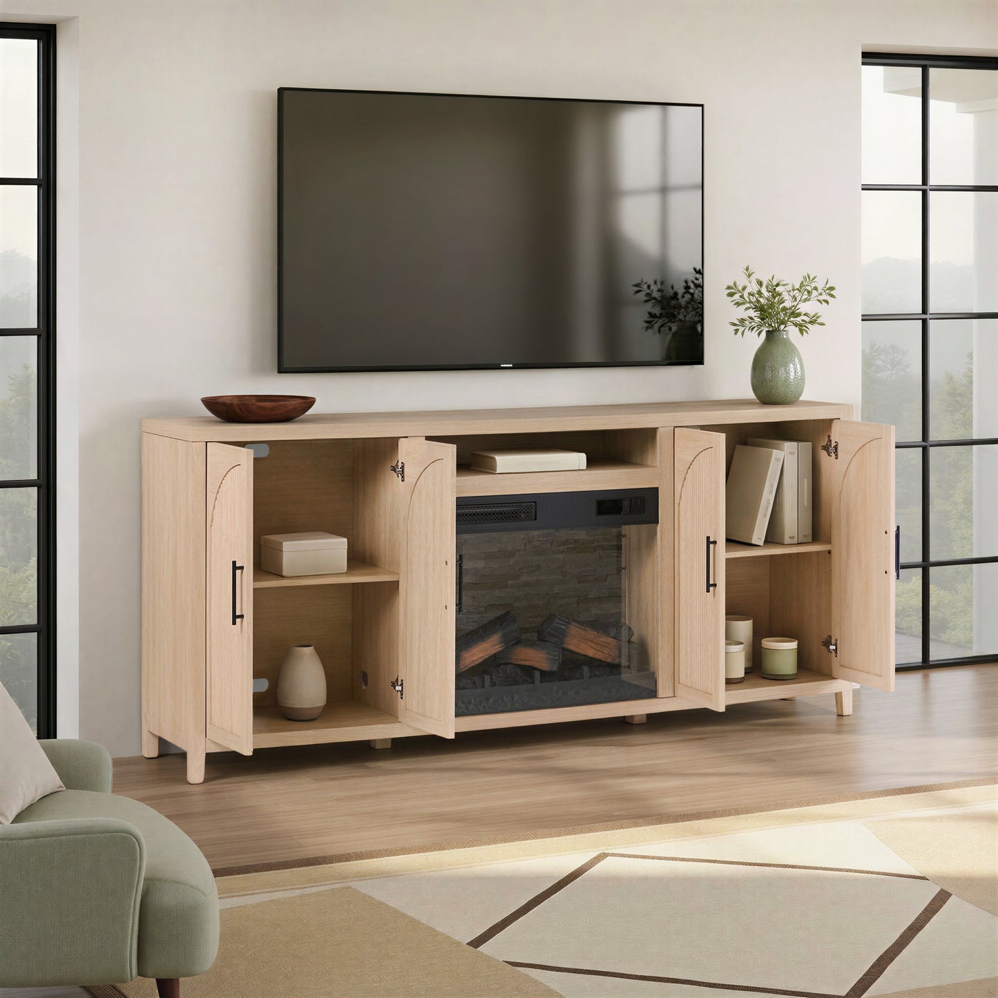 Sasha 80" Modern Reeded TV Stand with duraflame® Smart Electric Fireplace