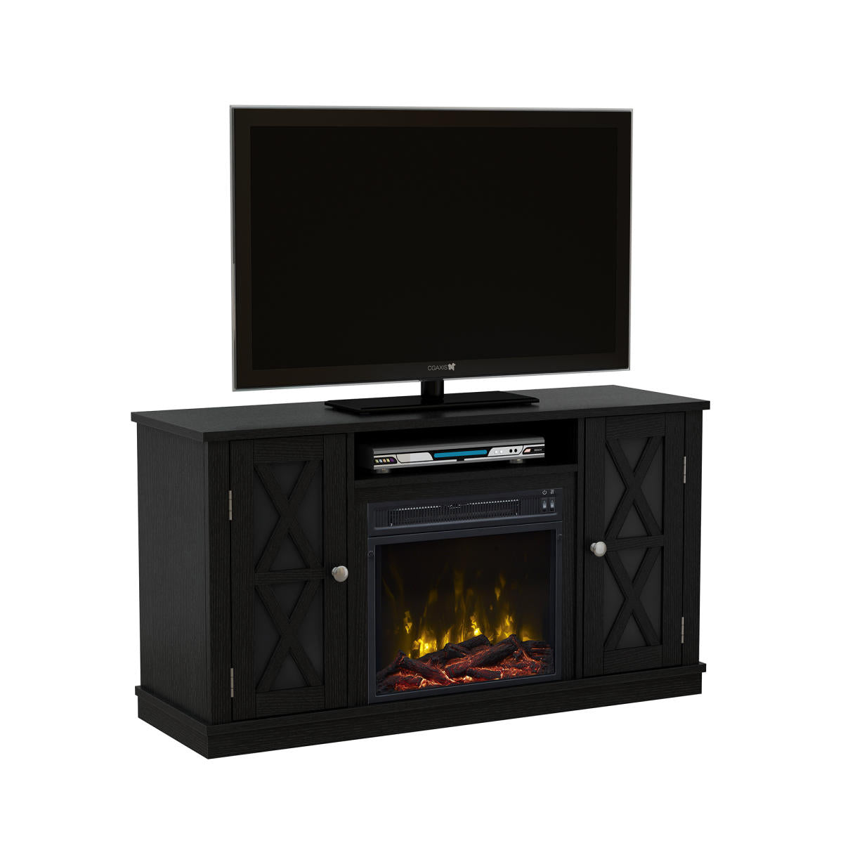 TV Stand for TVs up to 55" with Electric Fireplace and Glass Doors with X Mullions